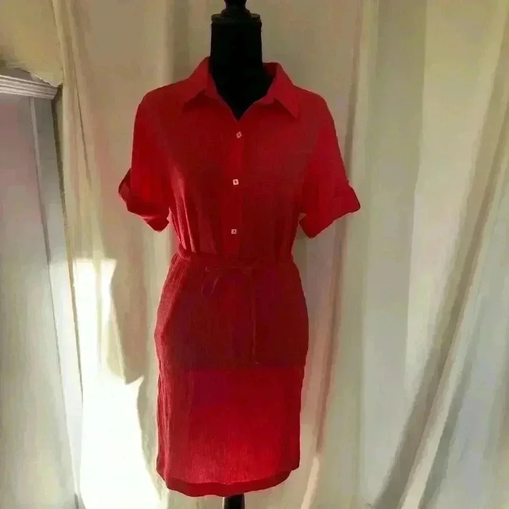 Coldwater creek women's red crepe shirt and skirt set small lightly checkered - Picture 4 of 8